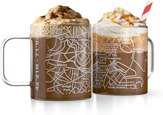 Greenline Goods – Boston, MA Map Glass Coffee Mugs (Set of 2), 16 oz – Etched Wrap Design