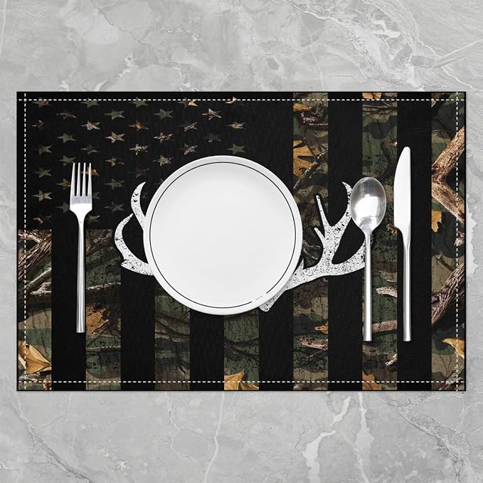 Feelyou American Flag Placemats Set of 4 12"x18" Cute Deer Table Mats Placemat Deer Hunting Placemats for Dining Table Indoor Outdoor Kitchen Antlers Decor Table Place Mats Western Farmhouse - Image 2