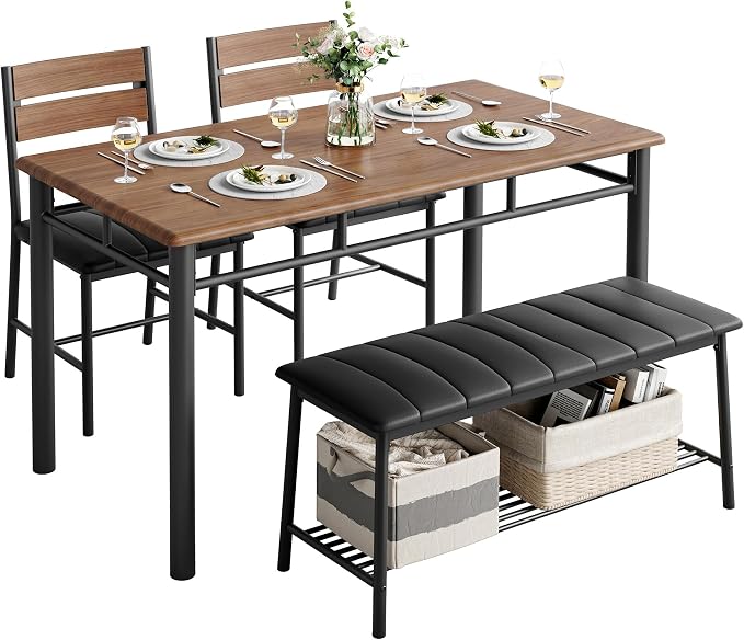 IRONCK Dining Table Set for 4, Kitchen Table and Chairs Set, Walnut | Kitchen Table with Upholstered Bench and 2 Chairs for Small Space, Apartment by IRONCK