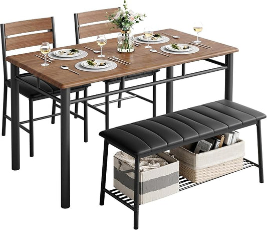 IRONCK Dining Table Set for 4, Kitchen Table and Chairs Set, Walnut | Kitchen Table with Upholstered Bench and 2 Chairs for Small Space, Apartment by IRONCK