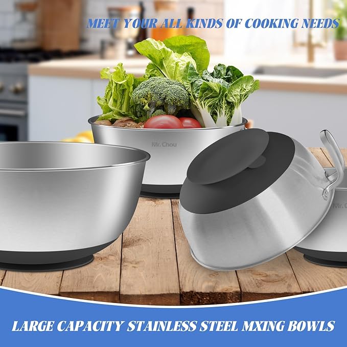 Extra Large Suction Mixing Bowl SUS304 Stainless Steel w/Non-Slip Silicone Suction Cups Base, Egg Beating Bowls with Handle Baking Bowl Tool for Cooking Baking Prepping Food Storage Batter Bowl BLACK