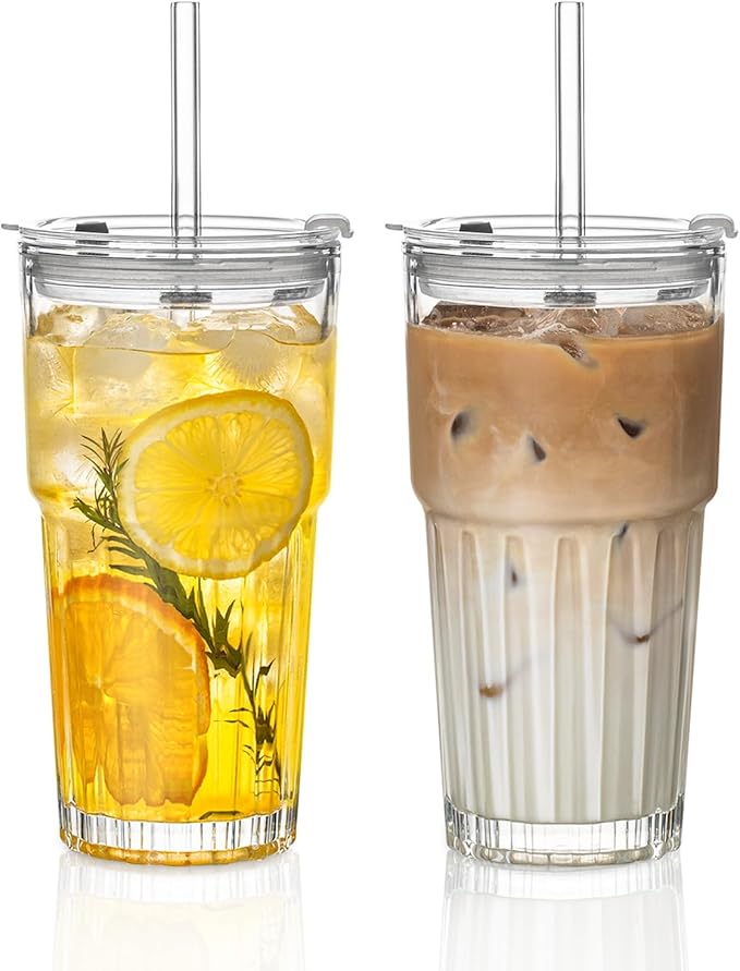INSETLAN 20oz Clear Glass Cups & Tumbler Set with Lids & Straws – 2-Pack, Reusable Drinking Cups for Iced Coffee, Smoothies, Tea, Juice, Leak-Proof, Spill-Proof, Ideal for Home and Outdoor Use