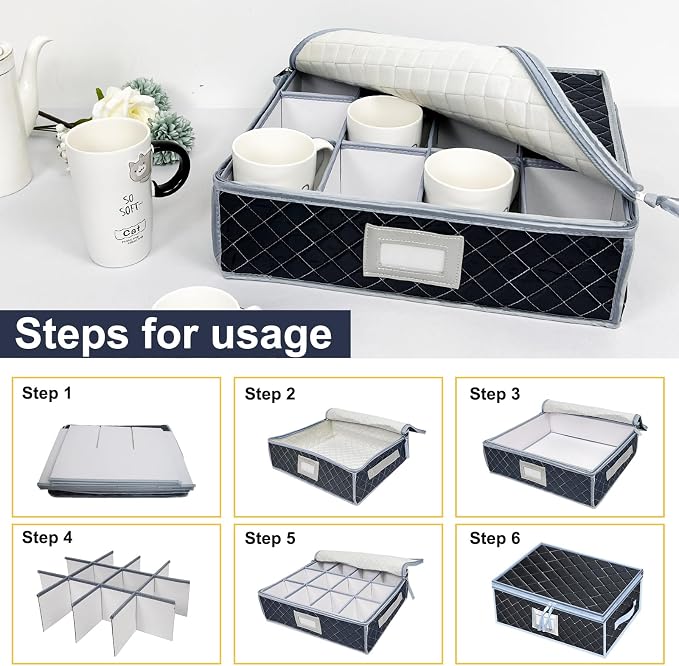 Wine Glass and Mug Storage Box with Dividers - 2 Pack China Storage Containers Set Holds 24 Glassware , Stemware，Coffee Mug and Tea Cup, Organizer Bin with Sturdy Metal Zipper,Label and Handles (Grey) - Image 6
