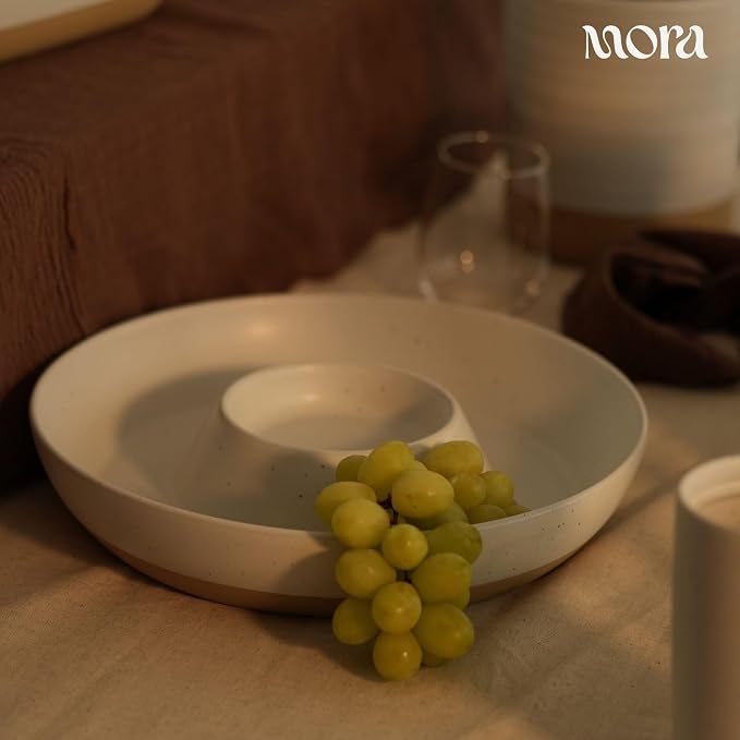 MORA Ceramic Chips and Dip Serving Tray: Large Divided Party Bowl Set for Chips & Salsa, Veggies & Dip, Fruit, Snacks, Entertaining, Hosting, etc. Minimalist Design for the Modern Hostess - Oat - Image 5