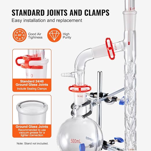 VEVOR Laboratory Distillation Set, 3.3 Borosilicate Glass Equipment with 24/40 Joint, 1000ml Capacity for Essential Oil Extraction, 14-Piece Glassware Kit - Image 4