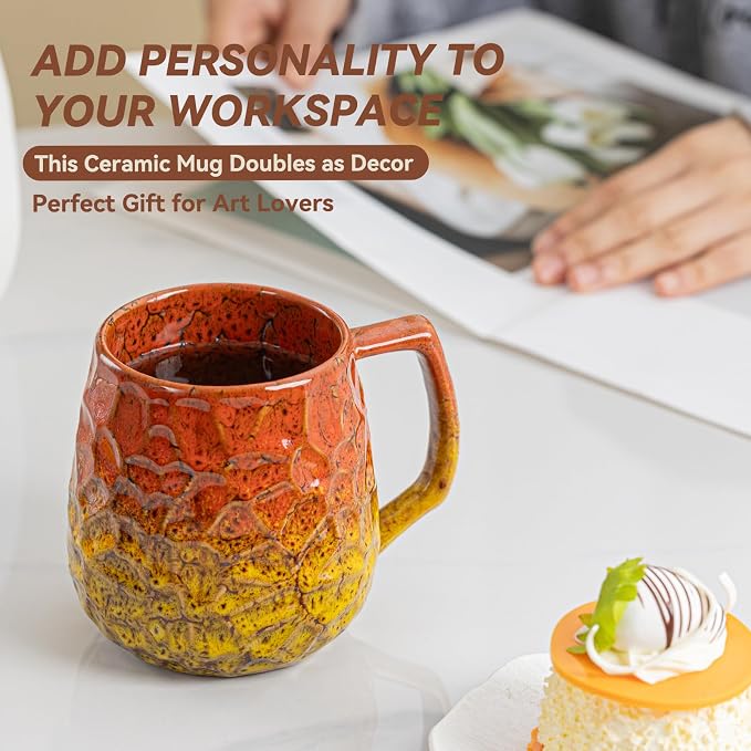18oz Unique Orange & Yellow Kiln-Change Ceramic Coffee Mug, Handcrafted Hammered Texture Ceramic Mug with Ergonomic Handle, Microwave & Dishwasher Safe, Gift for Coffee Lovers, Home Office Daily Use - Image 5