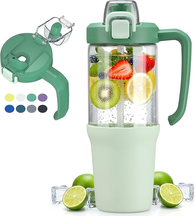 32 oz Glass Tumbler with Handle, 2-in-1 Straw and Sip Spout, Leakproof, BPA-Free Glass Water Bottle for Sports, Office, School, Light Green
