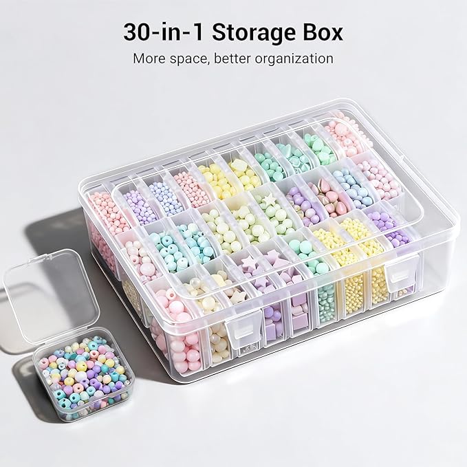Bead Organizer Box with 84 Label Stickers, Clear Bead Storage Case with 30 Small Containers, Plastic Craft Organizer for Jewelry Making, Diamond Painting Drills, Small Parts, Seeds, Screws