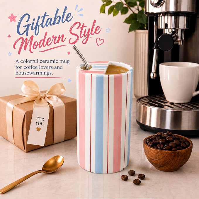 Large Ceramic Coffee Mug with Sip Hole, 17 oz Pastel Candy Stripe Ceramic Travel Mug Cup with Straw and Cleaning Brush for Kitchen Dining Travel Tea Milk Coffee Lovers Gift for Women - Image 7