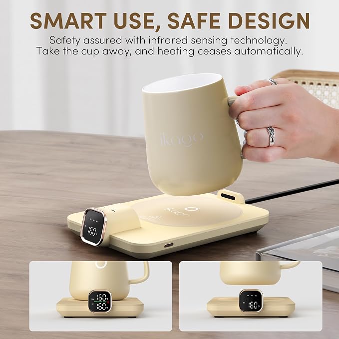 Coffee Cup Warmer & IKAGO Mug Set, 1℉ Precise Temp Control Mug Warmer | Auto Shut Off, Infrared Sensor, Dual Temp Display, ℉/℃ Optional, 15oz Mug with Spoon & Lid Included, Gifts for Men Women - Image 4