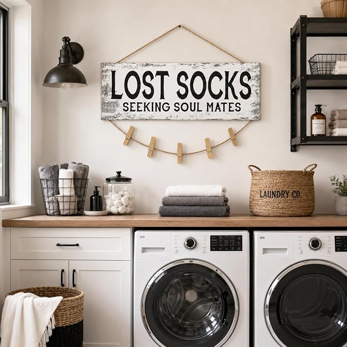 Laundry Sign Wall Decor, Lost Socks Laundry Sign, Rustic Sign Wall Art for Washroom, Bathroom Lost Socks Decorative 6"x14.5" - Image 2