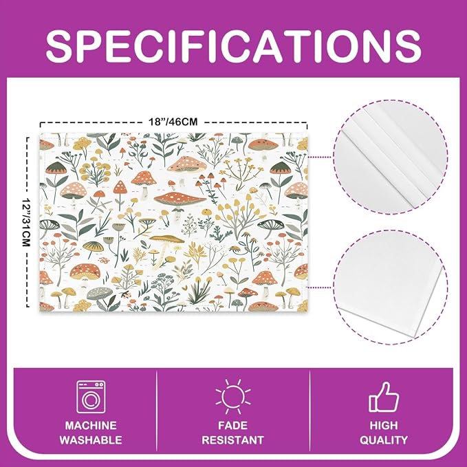 Feelyou Botanical Theme Table Place Mats 18"x12" Wild Mushroom Stuff Placemats Set of 4 Plant Placemat for Kitchen Dining Table Decor Indoor Outdoor Mushroom Decor Table Place Mats Nature - Image 4