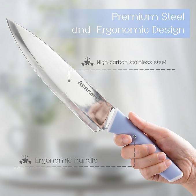 Astercook Kitchen Knife Set with Block and Sharpener 15 Piece German High Carbon Stainless Steel Knives Sharp Blade Dishwasher Safe Deba Knives with Ergonomic Handle, Delicate Blue - Image 3