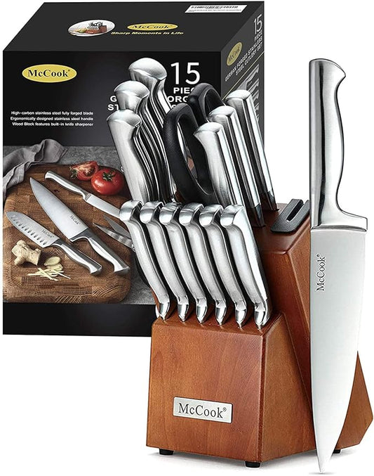 McCook Kitchen Knife Set 15PC Knife Block Set w Built-in Sharpener | German Forged Stainless Steel,Razor Sharp,15 PC, Anti-Rust,Restaurant Grade,Ergonomic Handles,Full Tang,Gift Box by McCook