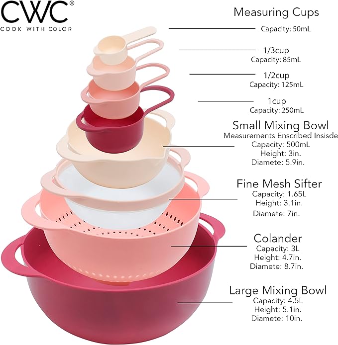 COOK WITH COLOR Nesting Bowls with Measuring Cups Colander and Sifter Set - Includes Mixing Bowls, Colander, Sifter and Measuring Cups, Rose, 8 Pc Bowl