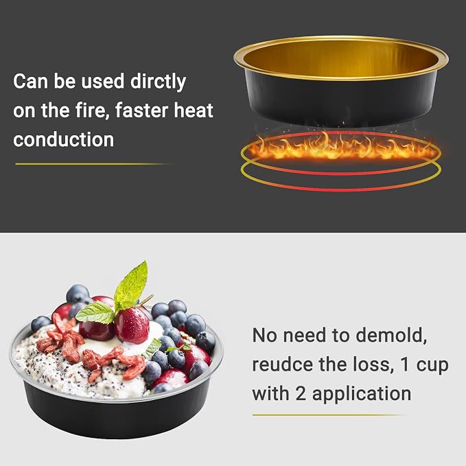 Beasea Aluminum Cupcake Pans With Lids, 4 Inch 100 Pack Disposable Pie Pans For Cake, 8 Oz Aluminum Pie Pan Tin Black Golden Tart Pans Round Oven Baking Mini Cake Pan For Pie Tart Quiche - Image 3