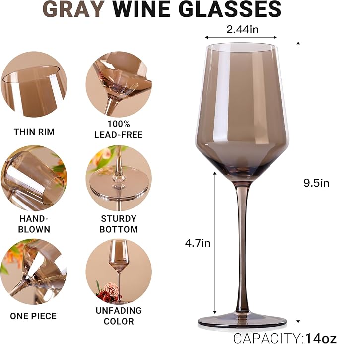 comfit Smokey Gray/Grey Wine Glasses Set of 6-14 oz Gray Kitchen Accessories, Unfading Color, Hand-blown Colored Wine Glasses - Gifts for Lovers, Mother's Day, Wedding, Birthday Gifts - Image 3