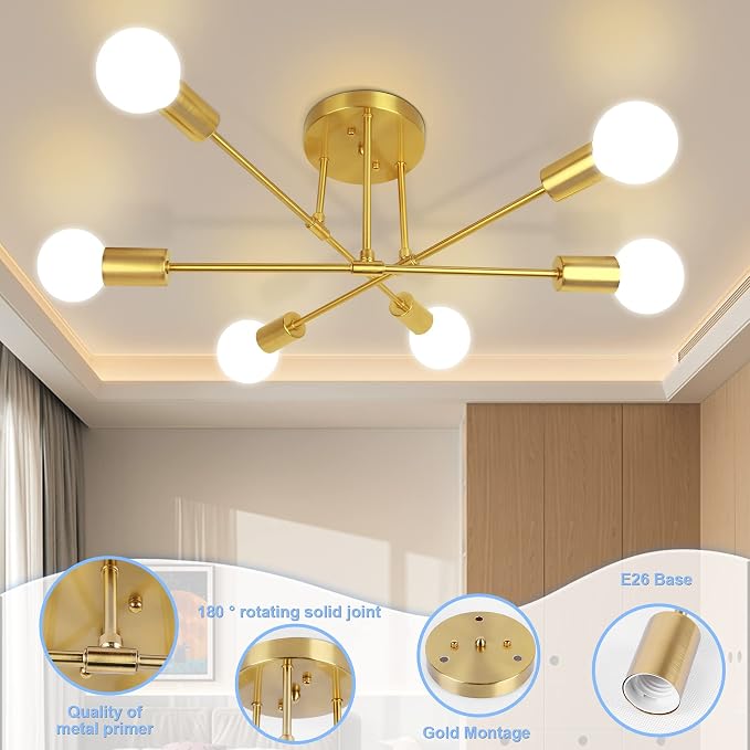 CANMEIJIA Modern Sputnik Chandelier, Ceiling Light Fixture Flush Mount 6-Lights Gold Chandeliers for Living Room Bedroom Dining Room Kitchen, Mid Century Chandeliers, E26 Base, Bulbs Not Included - Image 6