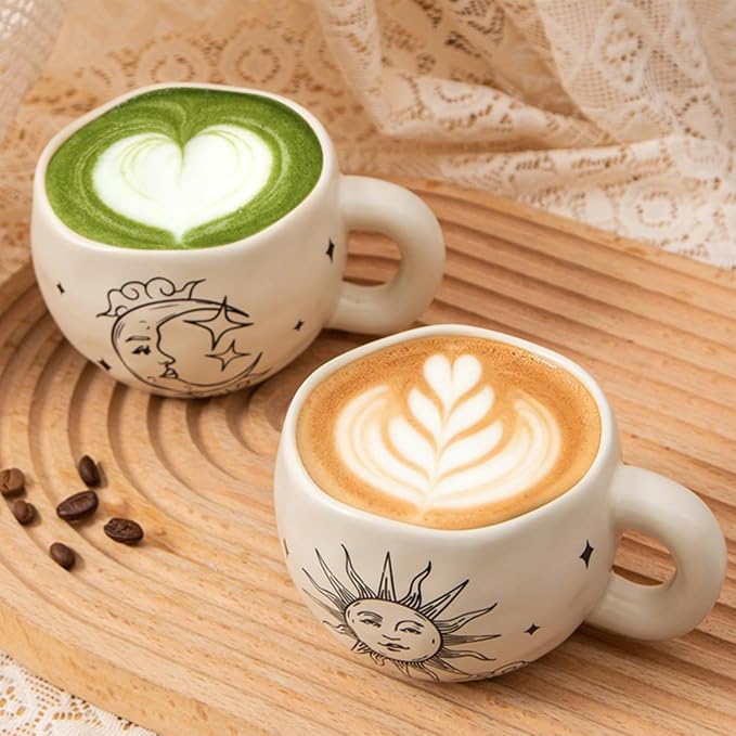 4pcs Boho Style Ceramic Moon and Sun Mugs, 9.4OZ Cute Coffee Cup Set, Matte Cream Color, Dishwasher Safe, Gift for Women/Couples - Image 4