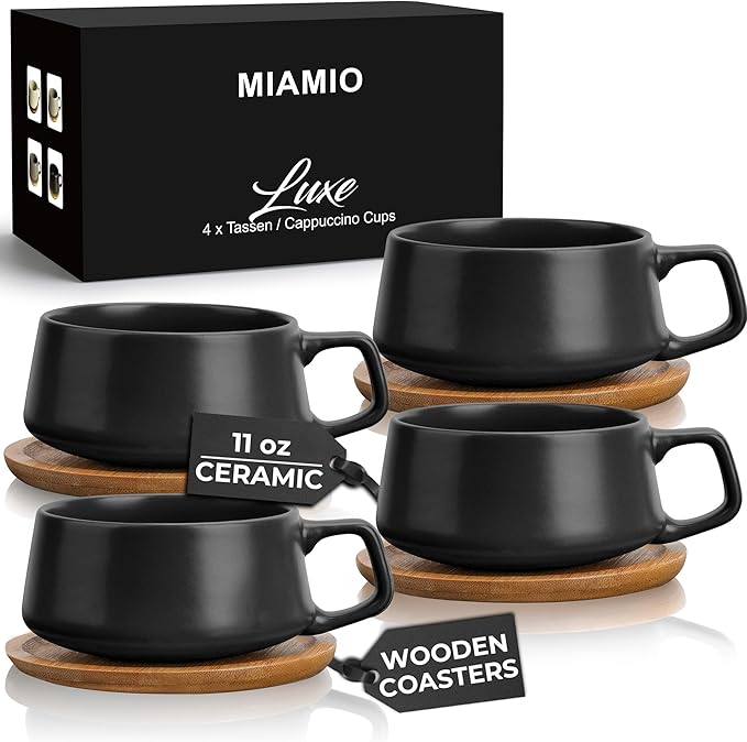 MIAMIO - Cappuccino Cup Set of 4, Ceramic (11oz), Wide - Luxe (Black) | Ceramic cappuccino cups and saucers, wide latte cups and mugs for Americano, 4-piece set of ceramic cups, dishwasher safe by MIAMIO