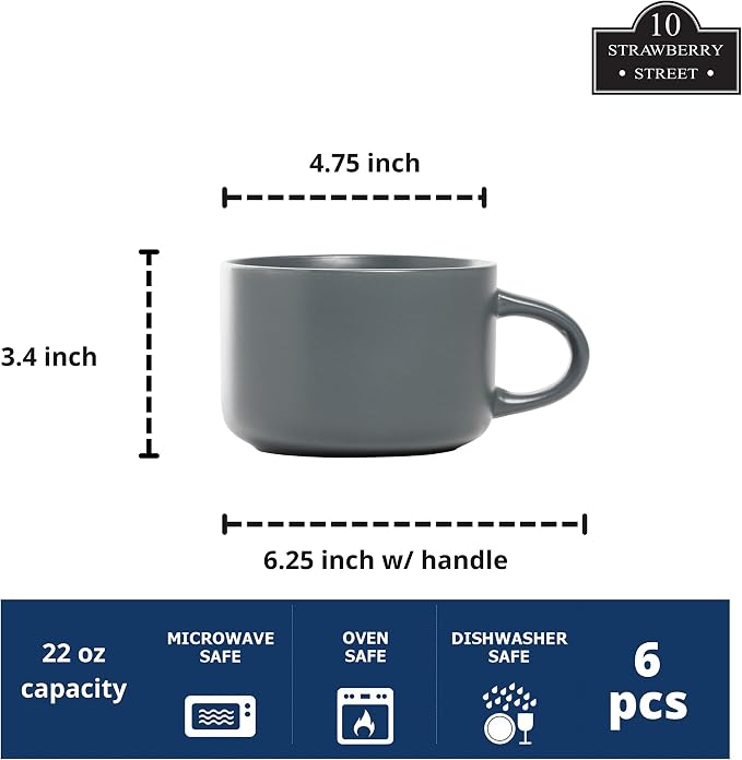 10 Strawberry Street Wazee Matte 4.75"/22 oz Oversized Mug, Set of 6, Charcoal Gray - Image 2