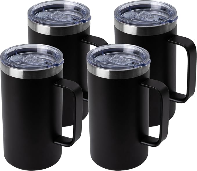 DOMICARE 24oz Mug with Handle and Lid, Stainless Steel Coffee Mug, Travel Mug with Handle, Double Wall Vacuum Coffee Tumbler, Reusable Insulated Cup, Black, Pack 4 by VisittheDOMICARE