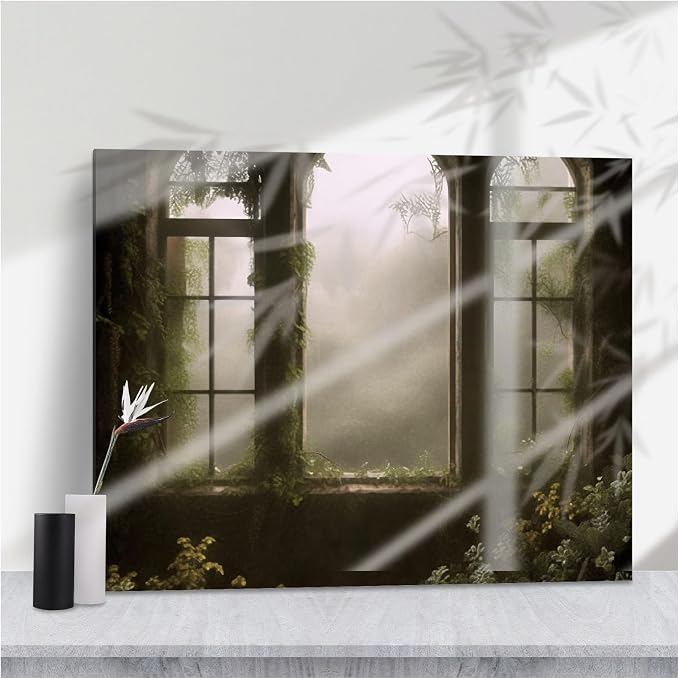 Moody Gothic Overgrown Arched Window Stretched Canvas Print,Ethereal Misty Forest Ivy-Covered Stone Frames for Dramatic Living Room Vintage Home Decor,16''x24'' Framed Modern Canvas Wall Art by Unknown