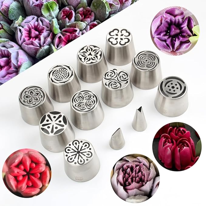 22 Pcs Stainless Steel Extra Large Russian Tulip Flower Icing Tips Set, 10 XXL Piping Nozzle,1 Big Leaf Tip,1 Petal Rose Flower Tip,10 Disposable Pastry Bags for Cake Decorations