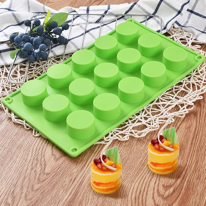 Newk Cylinder Silicone Mold, 3 Packs 15-Cavity Round Cylinder Mold for Cupcake, Handmade Soap, Muffin, Cake, Cheesecake, Brownie, Chocolate Cover-Green