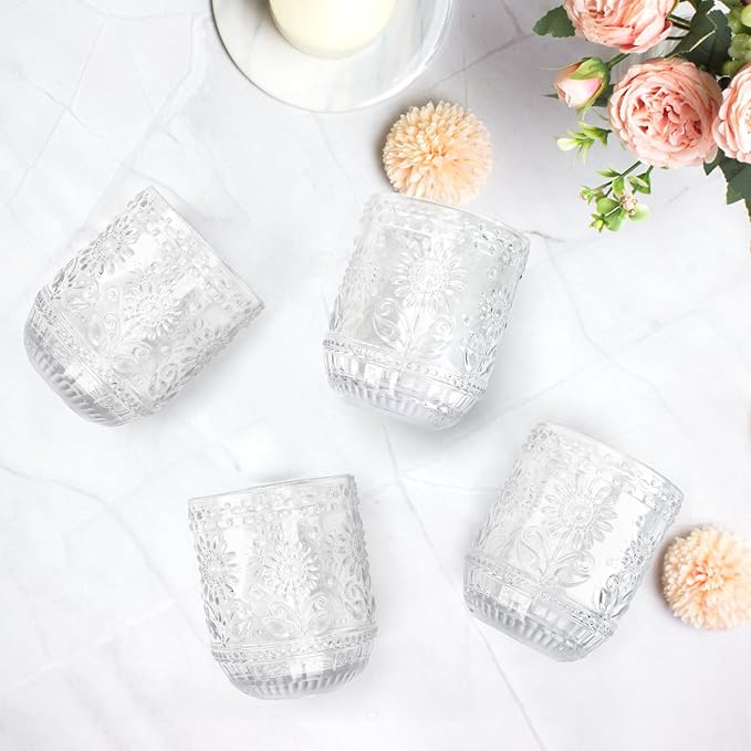Topsky Clear Vintage Drinking Glass Set of 6,12 oz Embossed Floral Decorative Glassware Set,Glass Cups Wine Glasses Beverages Tumblers Colored Glassware for Whisky,Beer,Juice,Cocktail,Heavy Duty - Image 6