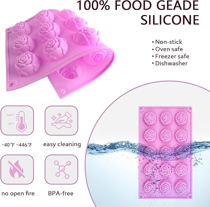 MEMOVAN 15 Cavity Rose Silicone Fondant Mold 2pcs 3D Flower Cake Resin Mold Rose Candy Chocolate Mold Flower Ice Tray Molds for Sugarcraft Cupake Decoration Soap Candle Making Clay Lotion Bar Wax - Image 3