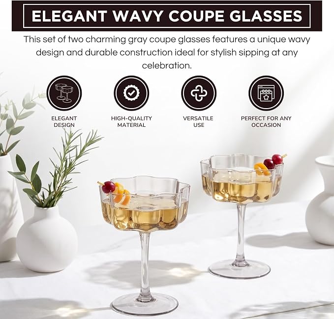 Khen Flower Vintage Wavy Glass Coupes Martini, Champagne & Cocktail Coupes - Set of 2-7oz Colorful Cocktail Glasses & Champagne, Prosecco, Mimosa Glassware Copyright Design - Gray - Image 4