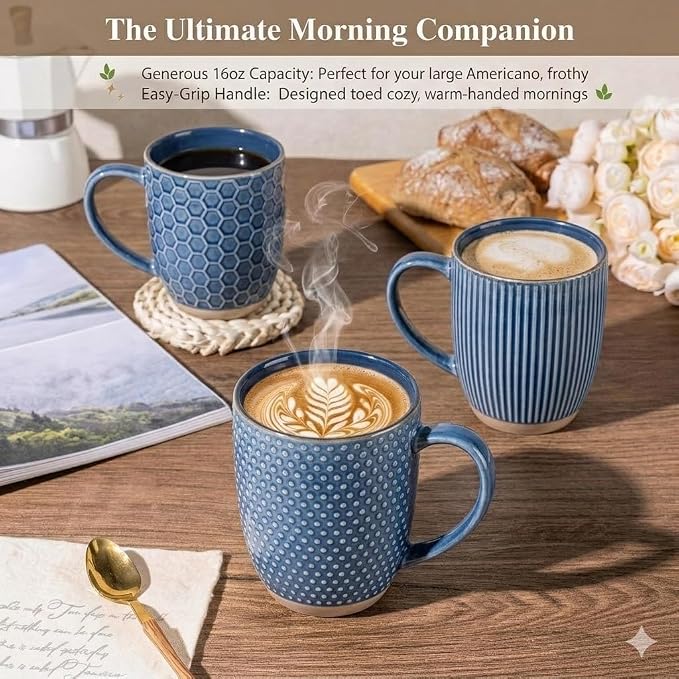 GBhome Large Coffee Mugs Set of 4, 16oz Handmade Embossed Coffee Mugs Set with Large Handle for Cappuccino/Latte/Tea/Hot Cocoa, Dishwasher & Microwave Safe, Blue - Image 3