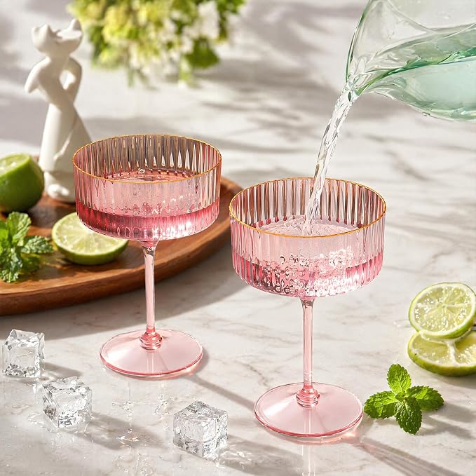 100 Pcs Pink Ribbed Martini Glasses Bulk 10oz Champagne Martini Glasses Plastic Gold Rim Espresso Martini Glass Margarita Glasses Vintage Coupe Glass Glassware Dessert Cup for Wedding Valentine's Day - Image 4
