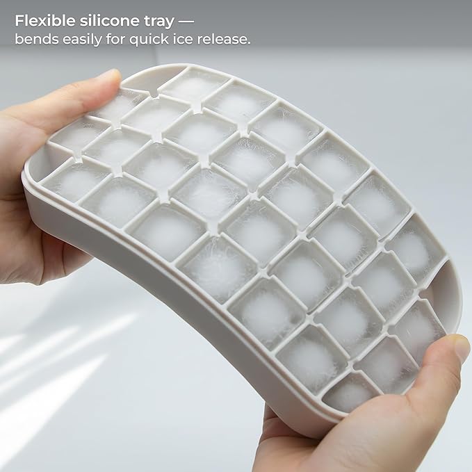 Ice Cube Tray Set with Lid & Bin, 2 Silicone Trays (32-Cube Each, 64 Total), Easy-Release, Stackable, Leak-Proof, Dishwasher Safe, Sand Beige