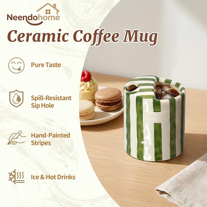 10 oz Ceramic Coffee Mug with Sip Hole & Silicone Sleeve, Green | Cute Hand-Painted Striped Porcelain, Gift for Coffee Lover, Cold & Hot Drinks, Microwave & Dishwasher Safe - Image 2