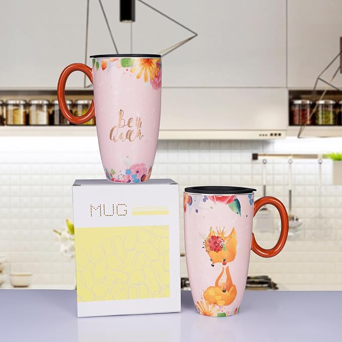 Fox Mug 20 oz Ceramic Travel Mug Porcelain Large Coffee Mug with Lid Kawaii Cup Fox Gifts for Women Housewarming Holiday Birthday Gifts for Women Mom Kids Men and Friend - Image 3