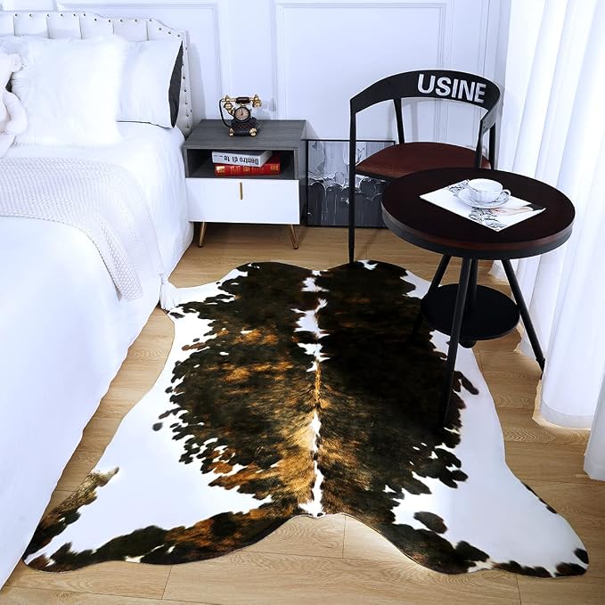 Amearea Faux Cow Hide Rug 7x6.2, Premium Western Home Decor Cow Print Rug | Large Faux Leather Animal Cowhide Carpet for Living Room Bedroom, Dining Traditional Cow Print Stuff Carpets, Brown - Image 3