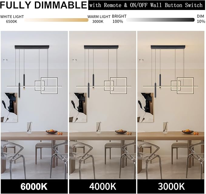 ORANOOR Modern LED Chandeliers, 39inch Dimmable Linear Black Pendant Lights | 39in Square Black Gold Dining Room Hanging Light Fixture, Kitchen Island Pendant Light for Dining Table Bar (3000lm/ 50W) - Image 5