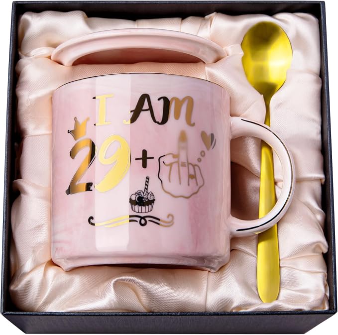 Funny 30th Birthday Gifts for Women - 14oz Pink Mug with Cheeky 29+1 Joke | Elegant Marble Ceramic Gold Print Coffee Cup, with Greeting Card, Beautiful Gift Box, Perfect for Birthday Celebration, Party by ALBISS