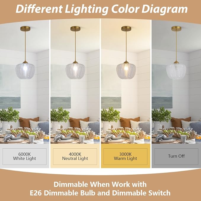 KCO Lighting Clear Glass Pendant Lights Kitchen Island Light Fixture Vintage Ribbed Glass Ceiling Light Antique Brass Pendant Light Gold Globe Pendant Light Fixture - Image 3