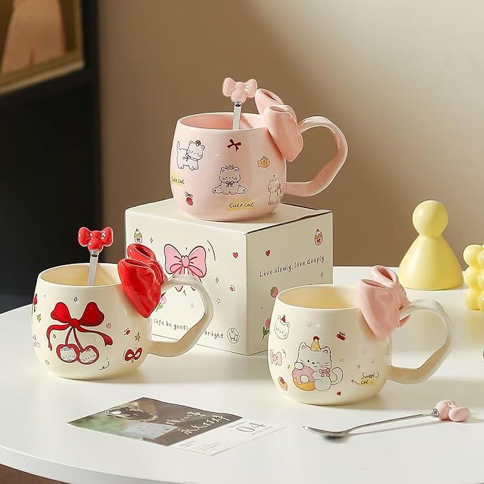 DTIUYIOP-Cute Pink Cat Ceramic Coffee Mug with 3D Bow & Bow Spoon, Kawaii Kitty Animal Tea Cup, Large Curved Handle Milk Cup, Lovely Gift for Girls Women Birthday Christmas - Image 5