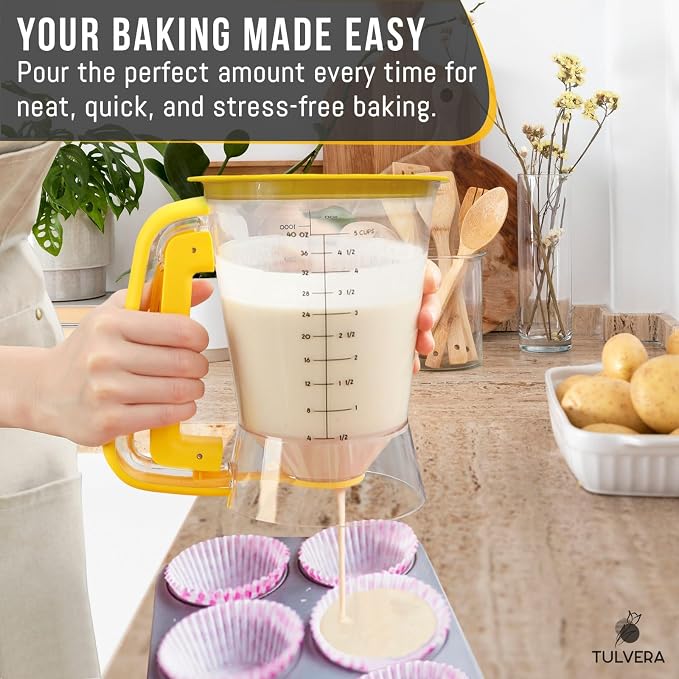 Pancake Batter Dispenser | 5-Cup Mix Pourer for Pancakes, Waffles, Crepes, Muffins, Cupcakes | Squeeze Handle, Portion Control Pitcher, Durable Drip-Free Design | Baking Accessories (Classic Yellow) - Image 7