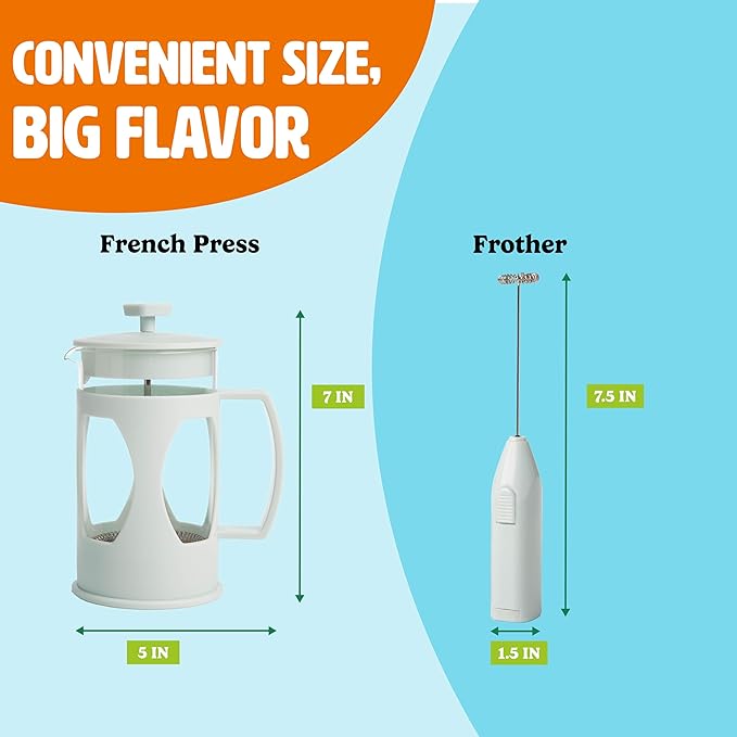 Tasty French Press and Frother Coffee Gift Set, Includes a 4.5-Cup Coffee Press and Battery Operated Handheld Milk Frother, Perfect for French and American Style, 2-Piece Set, Aqua