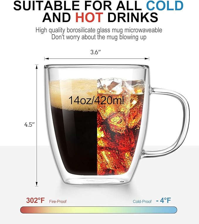 OJA Double Walled Glass Coffee Mugs Set of 4 Hand Blown 14OZ Clear Coffee Cups, Heat Resistant for Cappuccino, Tea, Latte, Espresso, Americano Insulated Borosilicate Glass with Handle