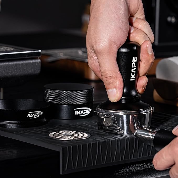 IKAPE 53MM Coffee Tamper Set Black 6 IN 1, Espresso Tool Kit for Making Perfect Shots – Tamper, Distributor, Funnel, Mat, Screen, and Towel