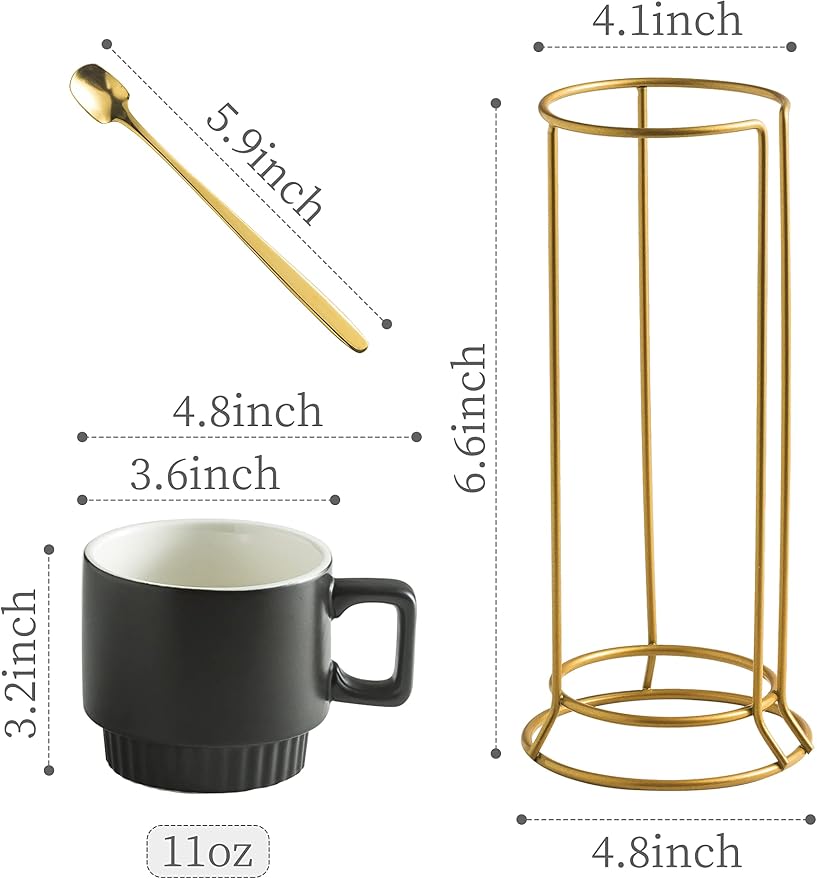 Miamolo Stackable Coffee Mugs with Stand Set of 4, Space-saving Storage | 11oz, Ceramic Latte Mugs | for Espresso Cappuccino Tea Hot Cocoa | Dishwasher & Microwave Safe | Housewarming Gift | Black - Image 3