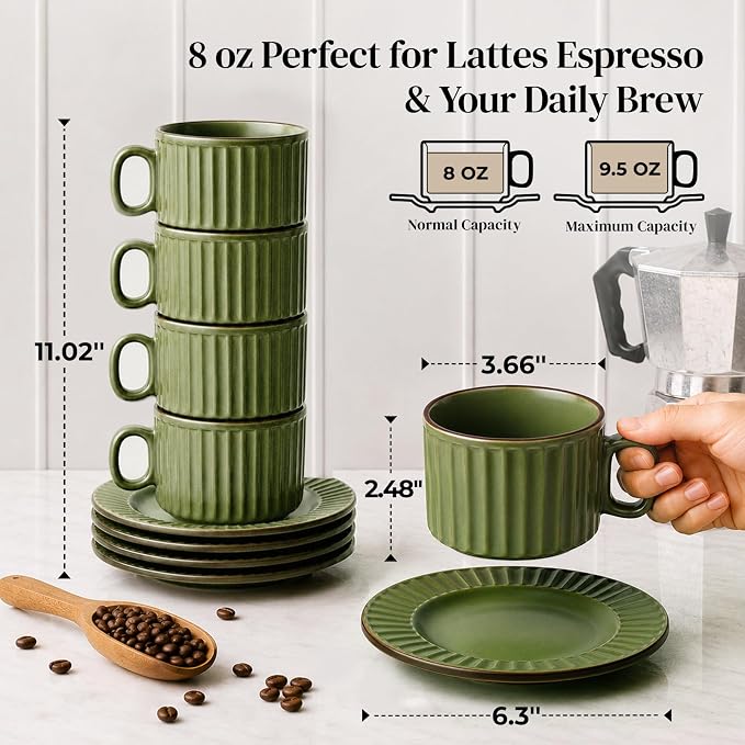 DOWAN Cappuccino Cup Set of 4, 8 OZ Ceramic Coffee Cups with Saucers, Coffee Mugs, Ribbed Espresso & Latte Cups Set, Elegant Stoneware for Home & Café Use - Image 2