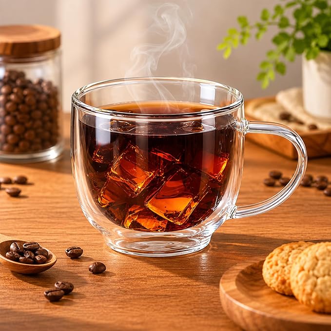 Double Wall Glass Coffee Mugs with Handle, 7.4 oz (220ml) Clear Insulated Espresso Cups for Cappuccino, Latte, Hot Tea & Cold Drinks, Microwave Safe Borosilicate Glassware, Set of 2 (6oz(2-pack)) - Image 4