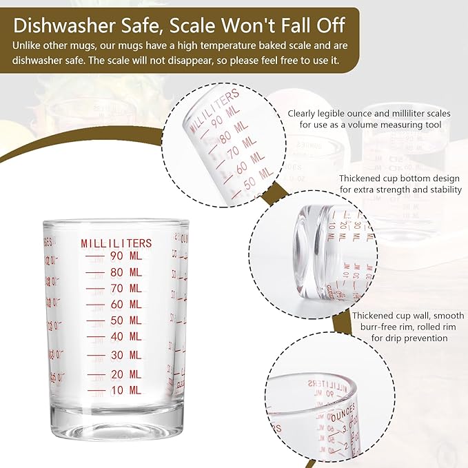 GLASKEY 2 Pack Shot Glass Measuring Cup Set,3 oz/90ml Liquid Heavy High Espresso Glass Cup,Dishwasher Safe,Measurement of Dry and Liquid Ingredients(Red)
